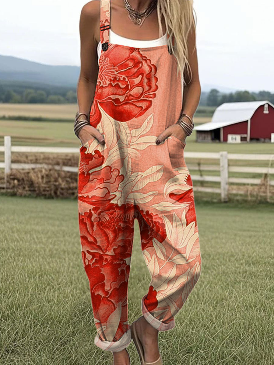 Women's  Vintage Flower Art Print Casual 100% Cotton Wide Leg Jumpsuit