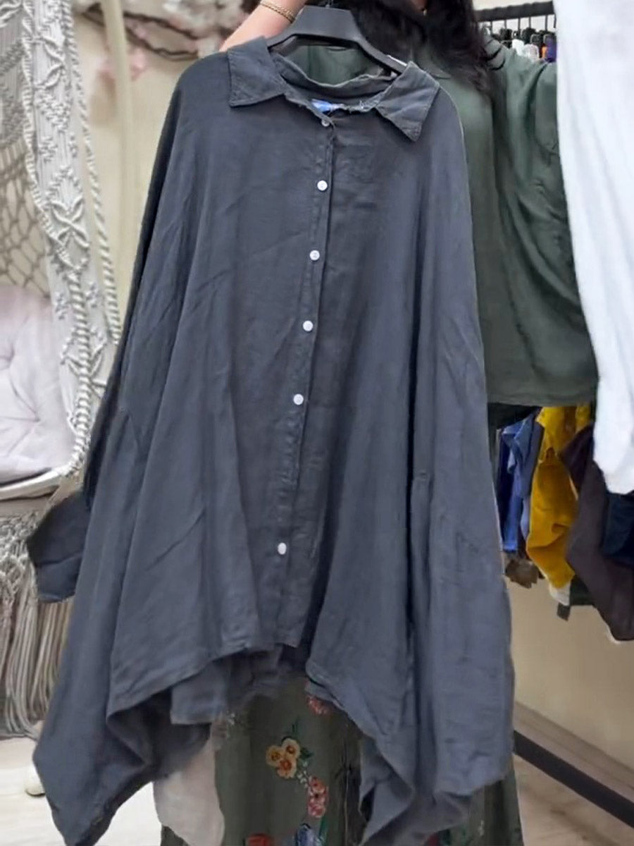 Women's Lapel Batwing Sleeve Casual Loose Cotton Shirt