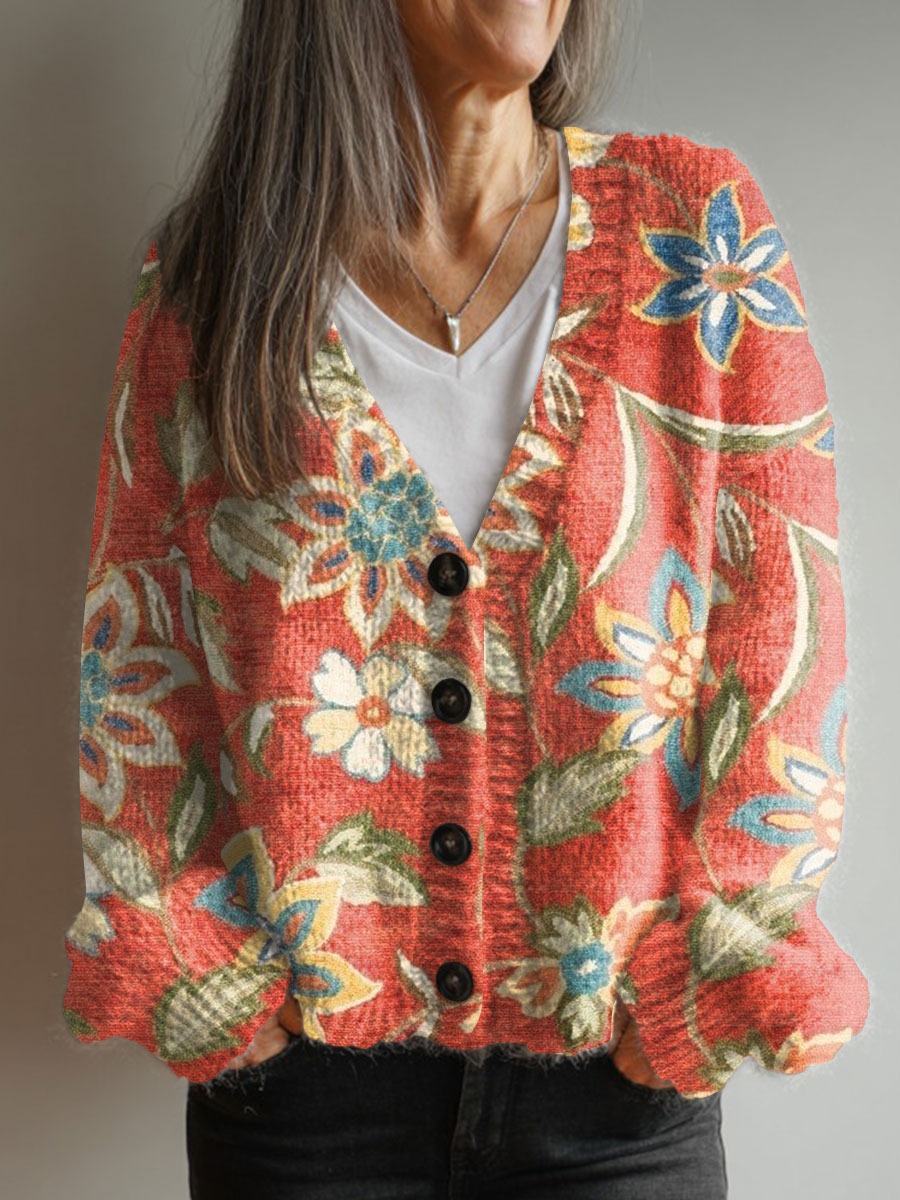 vintage-flower-art-print-buttoned-v-neck-cardigan-sweater-ggk1