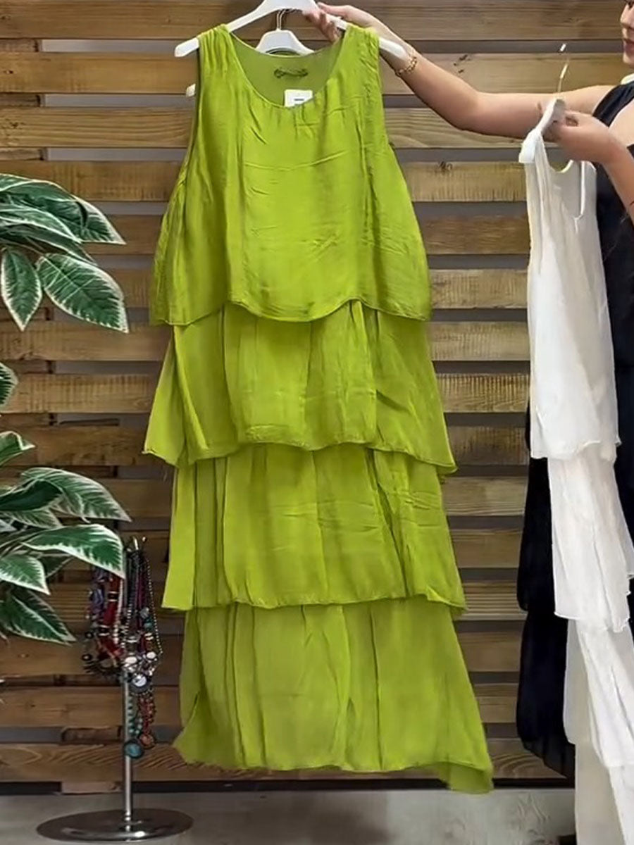 Women's Solid Color Round Neck Sleeveless Vest Casual Loose Chiffon Cake Dress
