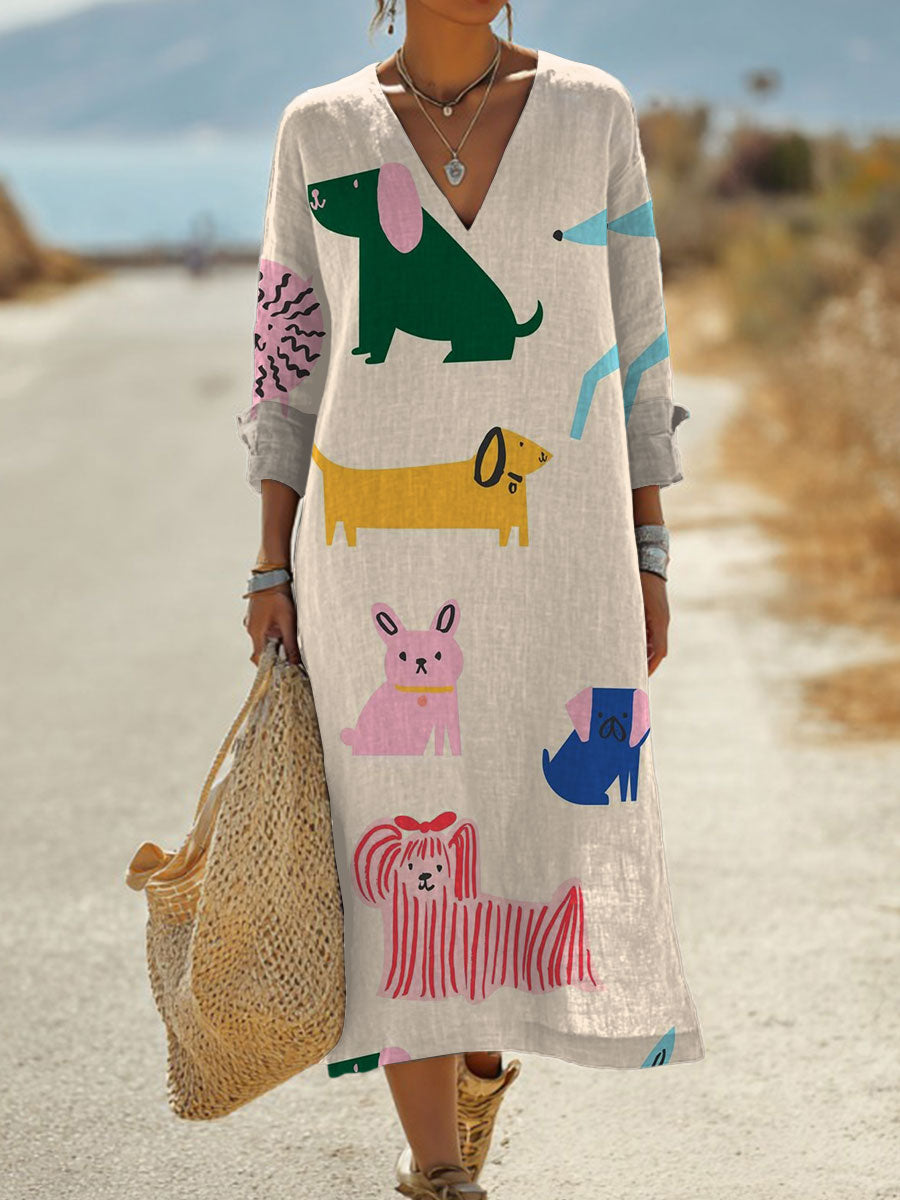 Women's  Funny Dog  Art Print Pocket Cotton Dress