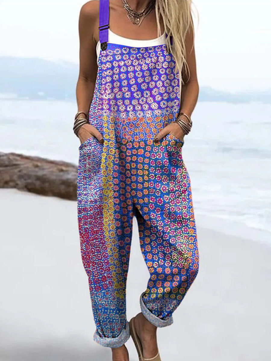 Women's Vintage Lovely Floral Pattern Art Print Casual 100% Cotton Wide Leg Jumpsuit