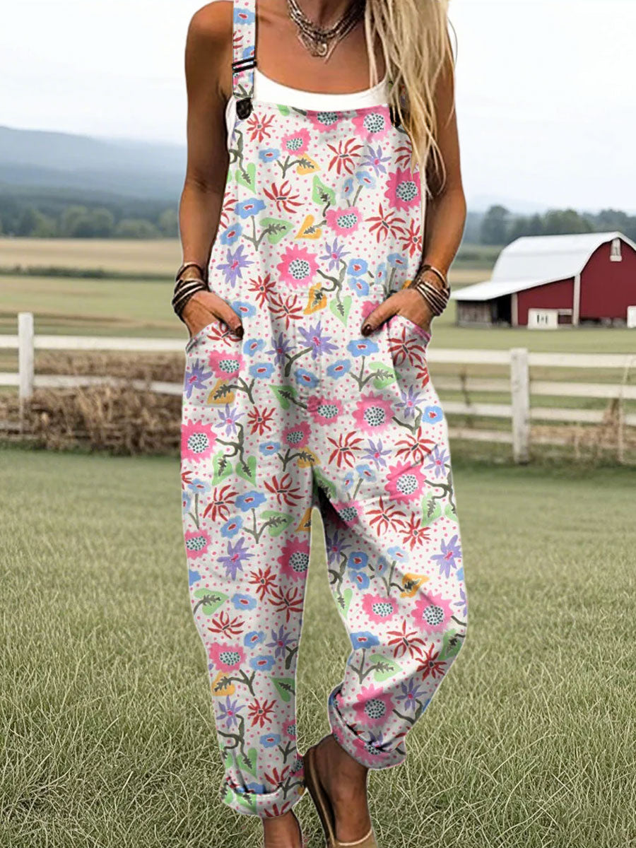 Women's Vintage Flowers Art Print Casual 100% Cotton Wide Leg Jumpsuit