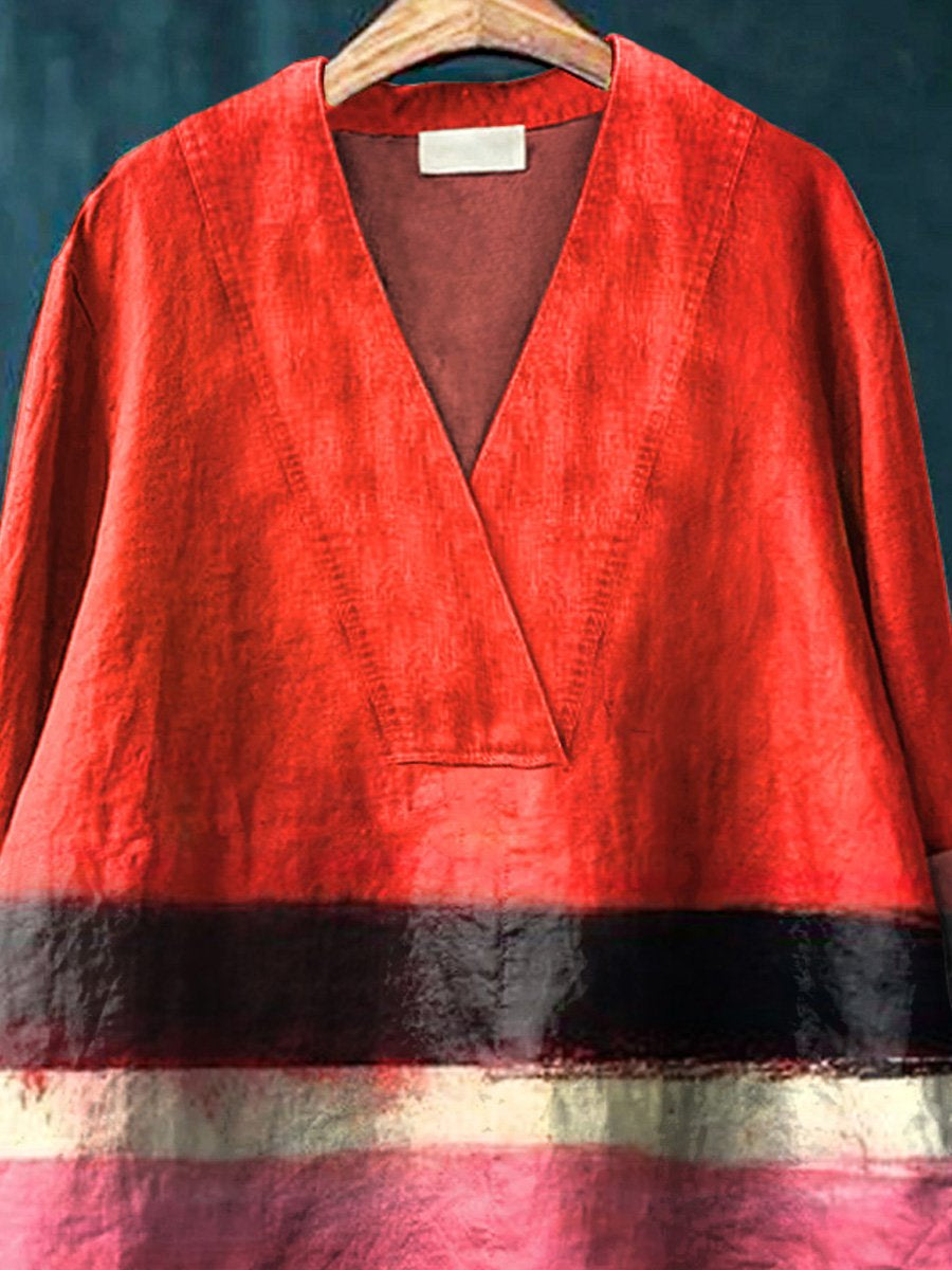 Abstract Geometric Color Blocks Art Printed Women's Casual Cotton And Linen V-neck Shirt