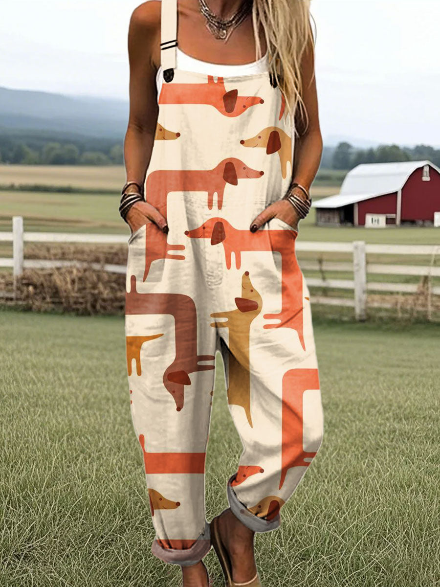 Women's Funny Dog Art Print Casual 100% Cotton Wide Leg Jumpsuit