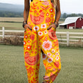 Damen-Jumpsuit mit Vintage-Blumen- und Hühnermotiv, lässig, aus 100 % Baumwolle, weites Bein 