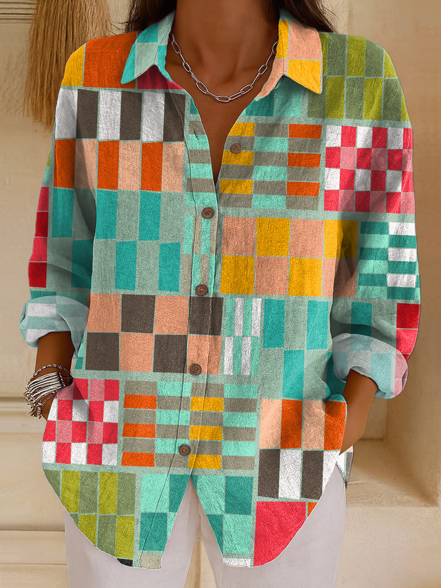 Women's Beautiful Colorful Abstract Geometric Painting Art Print Casual Cotton Shirt