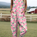 Women's Lovely Strawberry Art Print Casual 100% Cotton Wide Leg Jumpsuit