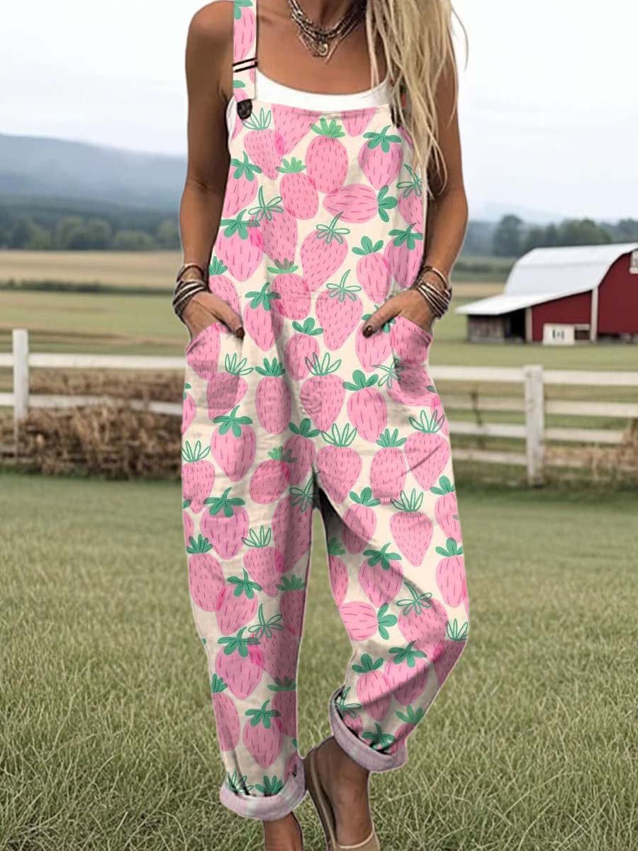 Women's Lovely Strawberry Art Print Casual 100% Cotton Wide Leg Jumpsuit