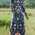 Women's Vintage Ethnic Geometric Floral Painting Art Print Long-sleeved V-neck Dress