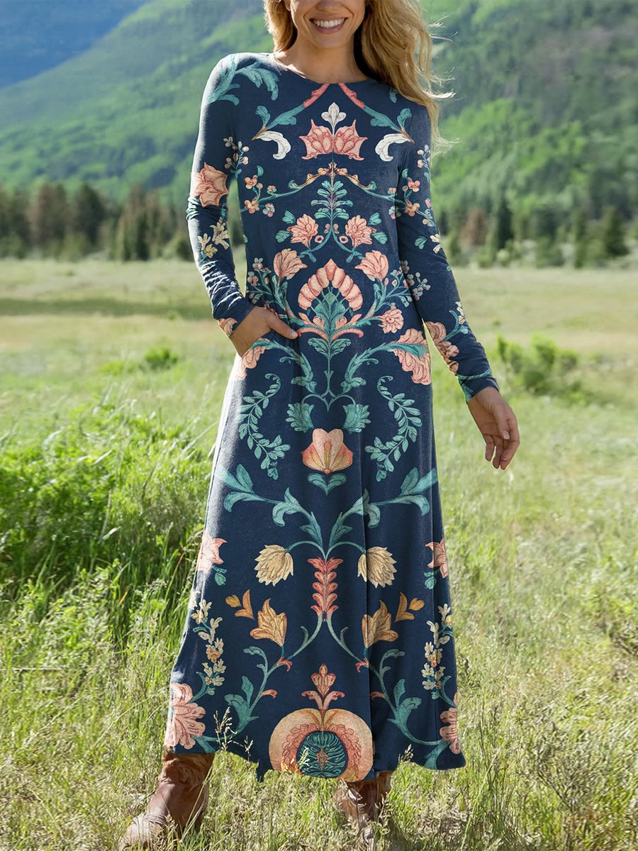 Women's Vintage Ethnic Geometric Floral Painting Art Print Long-sleeved V-neck Dress