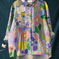 Women's Beautiful Colorful Floral Painting Art Print Casual Cotton And Linen Ruffle Shirt