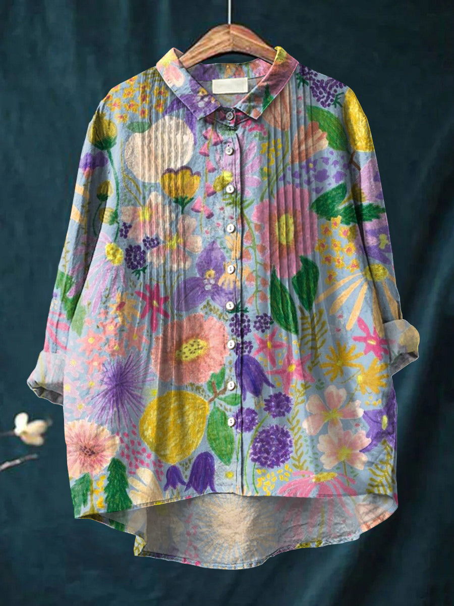 Women's Beautiful Colorful Floral Painting Art Print Casual Cotton And Linen Ruffle Shirt