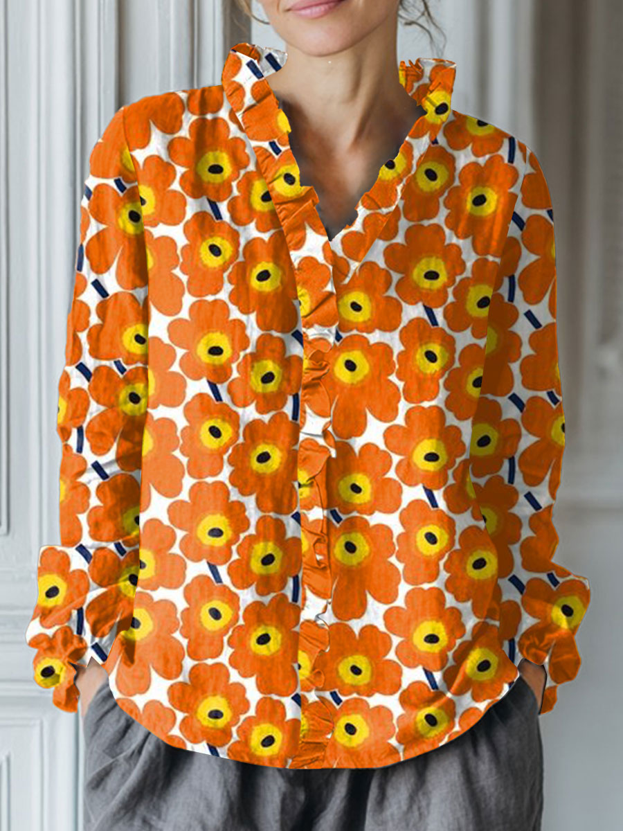 Women's Vintage Flower Art Print Casual Cotton And Linen Ruffle Shirt