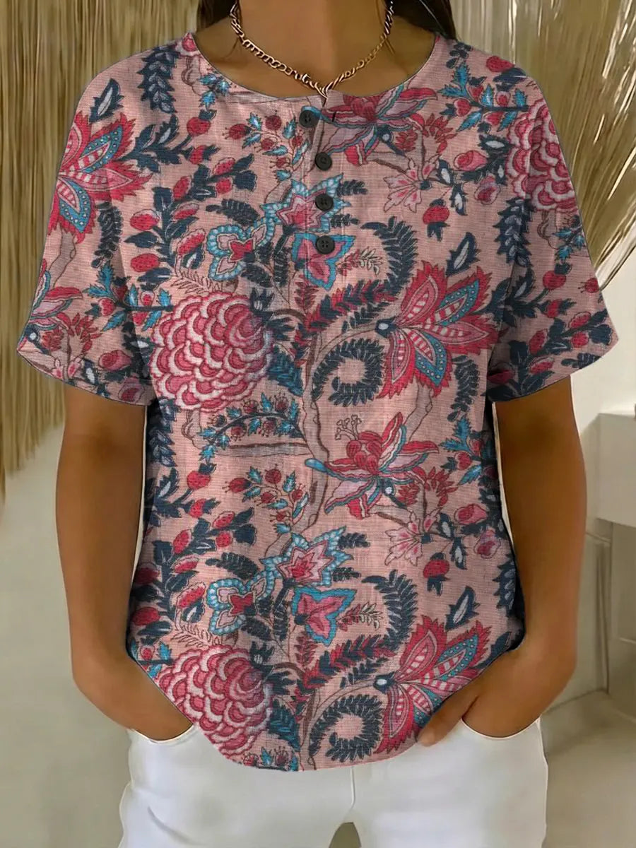 Women's Vintage Floral Art Print Casual Cotton Shirt