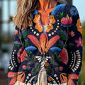cardigan-pull à boutons avec illustration florale abstraite vintage et symétrique 