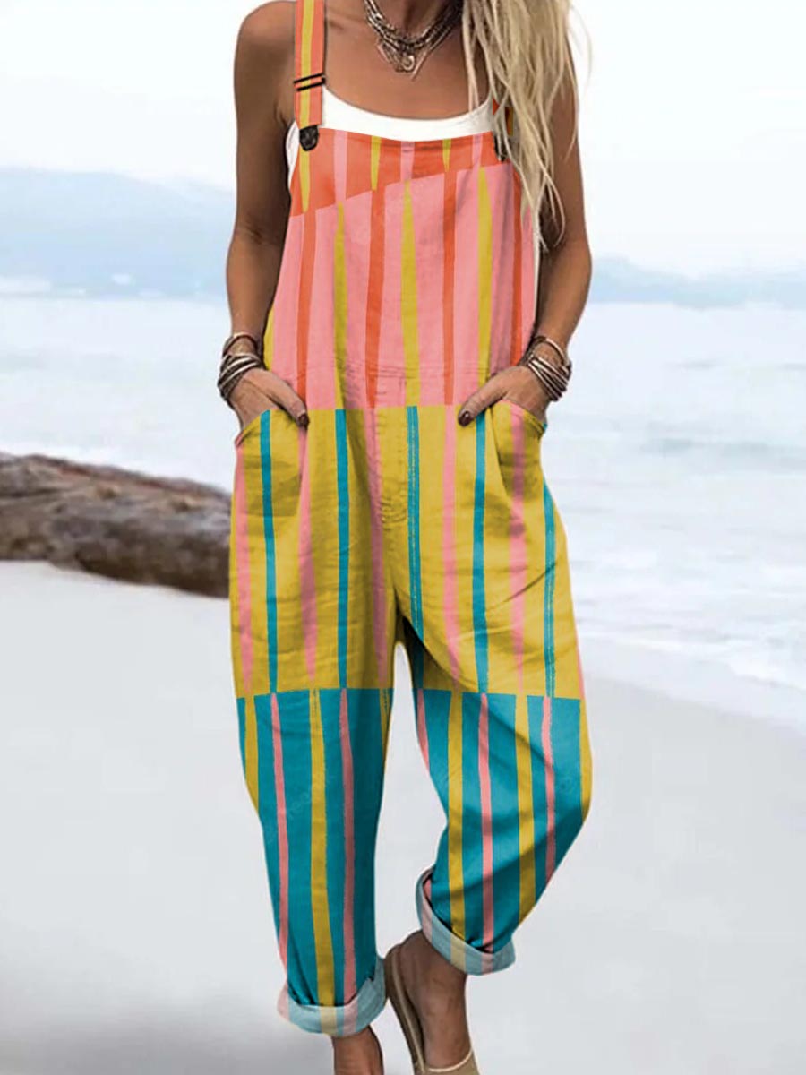 Women's Art Creative Colourful Geometry Print Casual 100% Cotton Wide Leg Jumpsuit