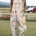 Women's  Bee Vintage Symmetrical Flowers Art  Print Casual 100% Cotton Wide Leg Jumpsuit