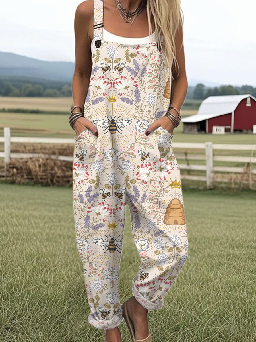 Women's  Bee Vintage Symmetrical Flowers Art  Print Casual 100% Cotton Wide Leg Jumpsuit
