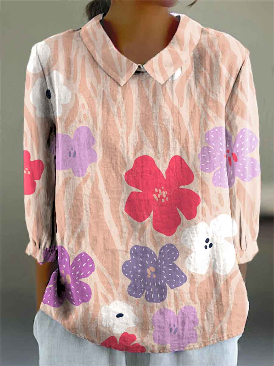 Women's Abstract Floral Pattern Print Casual Cotton And Linen 3/4 Sleeve Shirt