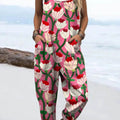 Women's Vintage Floral Art Print Casual 100% Cotton Wide Leg Jumpsuit