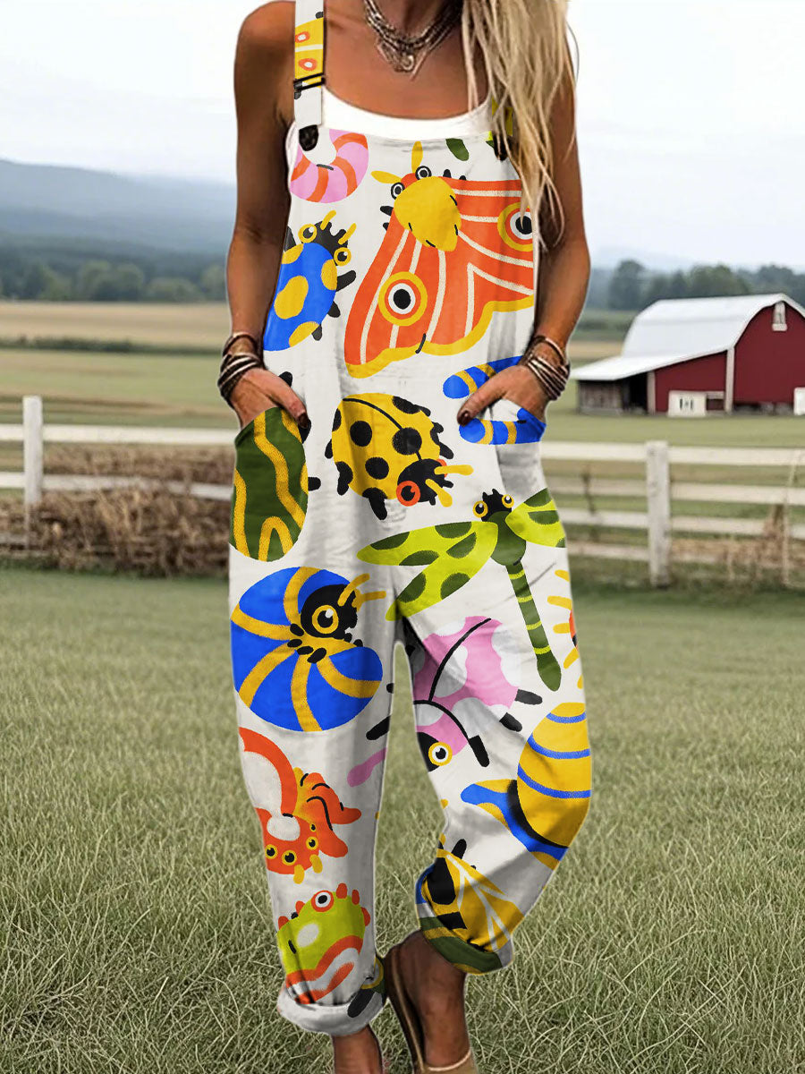 Women's Abstract Insect Pattern Art Print Casual 100% Cotton Wide Leg Jumpsuit