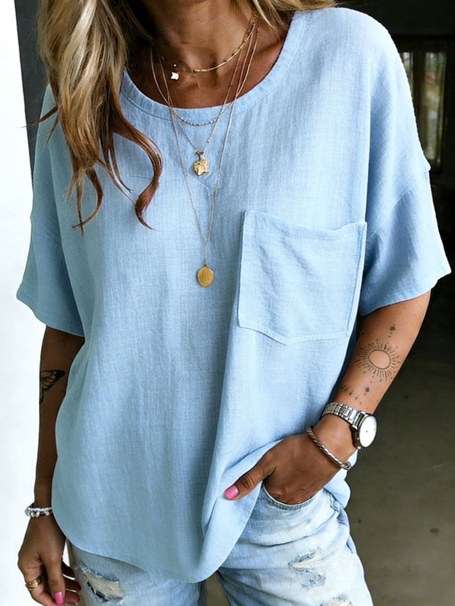 Women's Chest Pockets 100% Cotton Classic Loose Fit Round Neck T-shirt