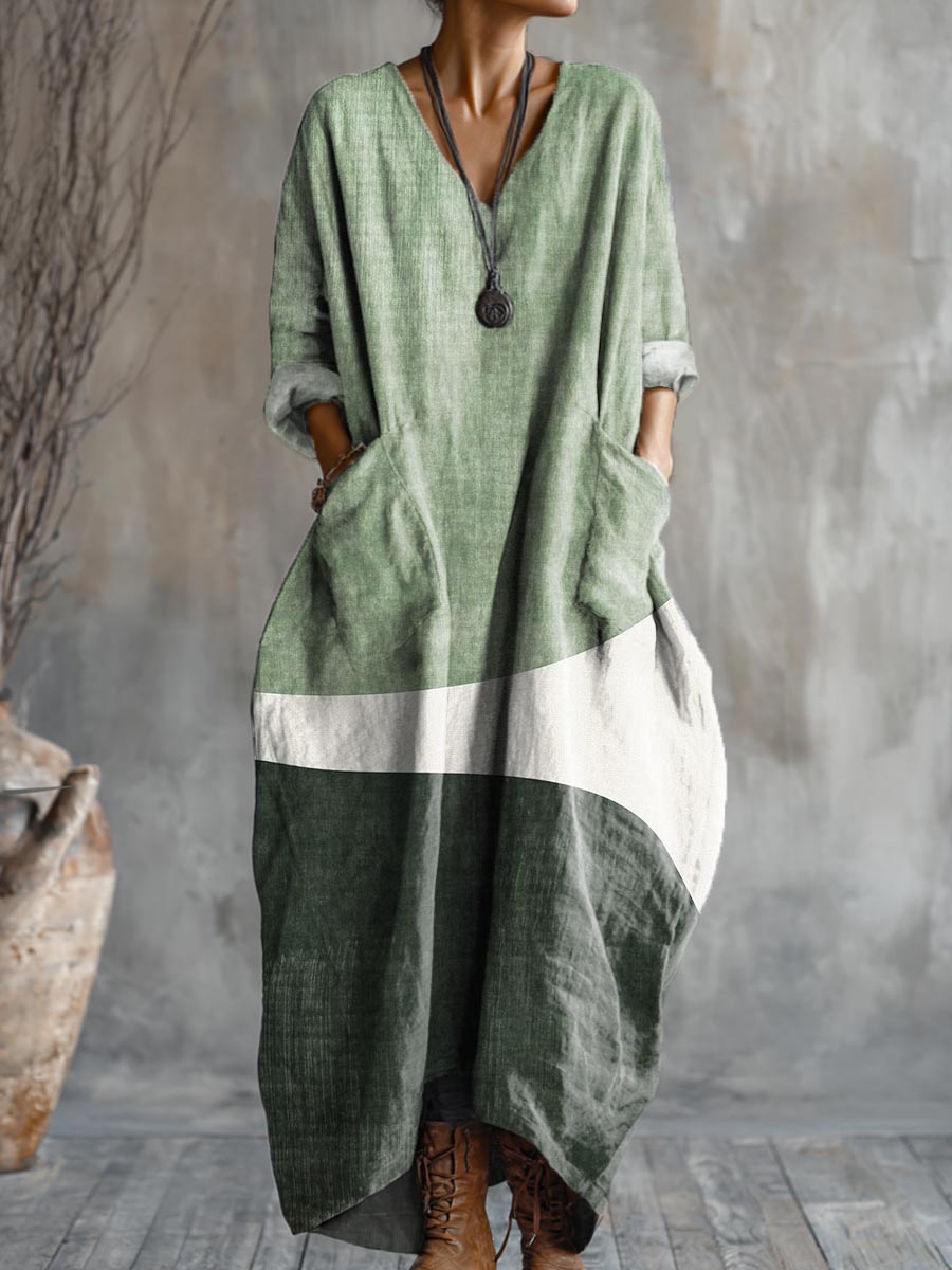 Women's Abstract Geometric Pattern Art Print Pocket V-neck Cotton Dress