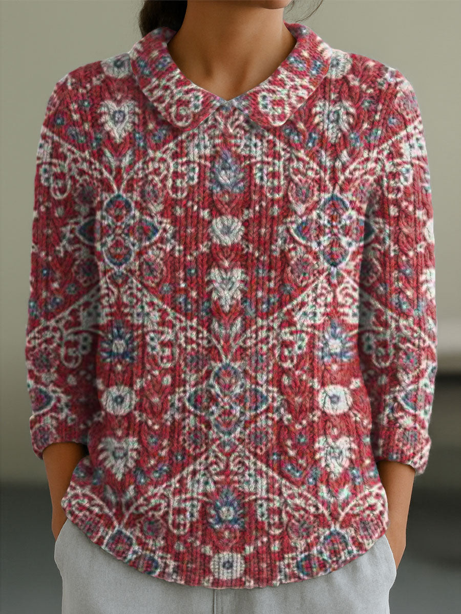 womens-vintage-flower-art-print-casual-peter-pan-collar-3-4-sleeve-sweater-qhu3