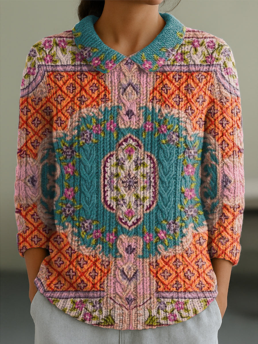 womens-vintage-ethnic-geometric-symmetrical-painting-art-print-casual-peter-pan-collar-3-4-sleeve-sweater
