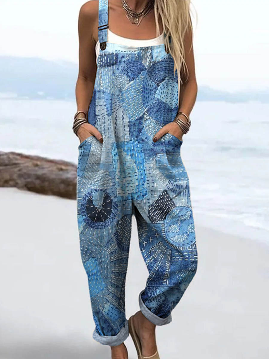 Women's Abstract Patchwork Pattern Art Print Casual 100% Cotton Wide Leg Jumpsuit