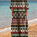 Women's Vintage Ethnic Geometric Stripes Art Print Pocket V-neck Cotton Dress