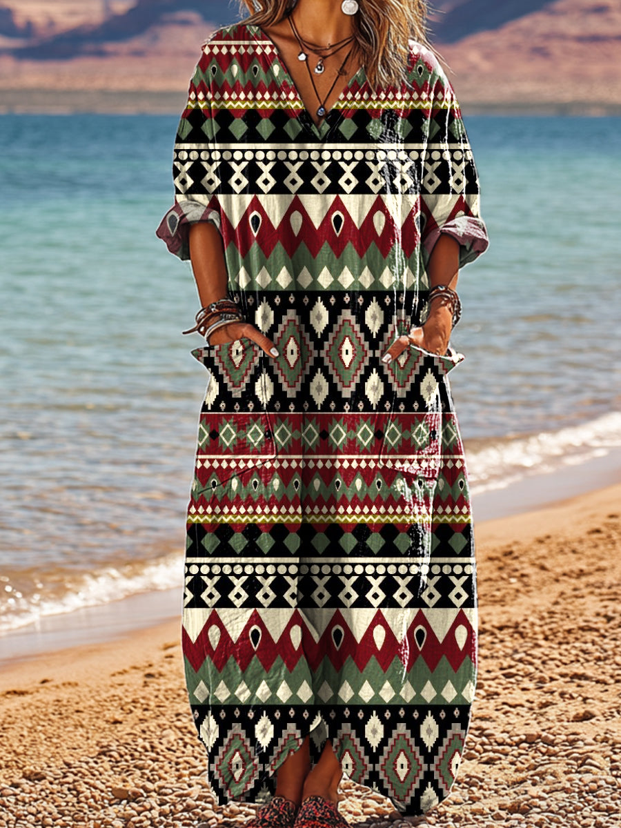 Women's Vintage Ethnic Geometric Stripes Art Print Pocket V-neck Cotton Dress