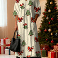 Women's Christmas Tree Art Print Pocket V-neck Cotton Dress