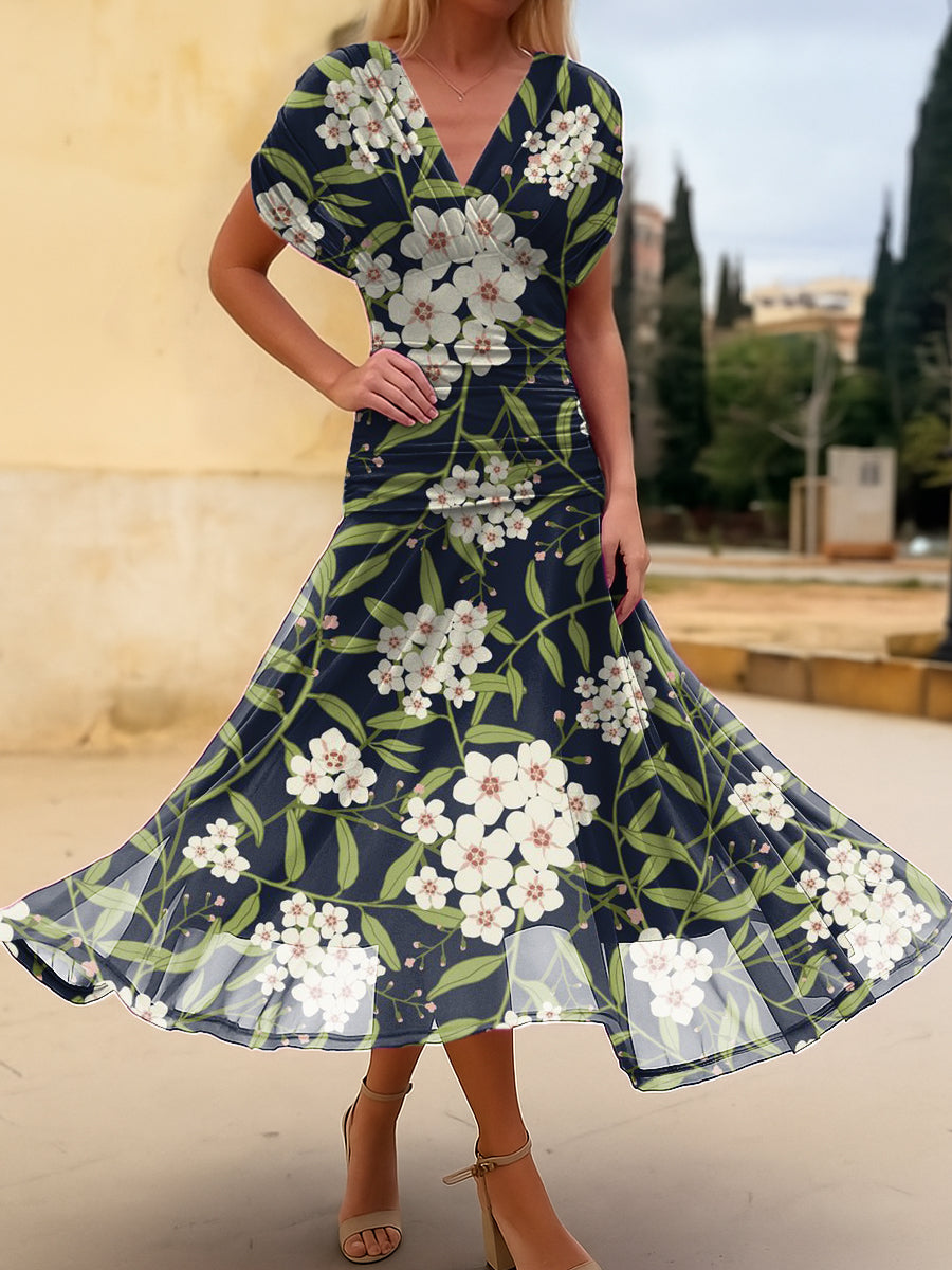 Women's Flower And Leaf Painting Art Print Cotton Dress