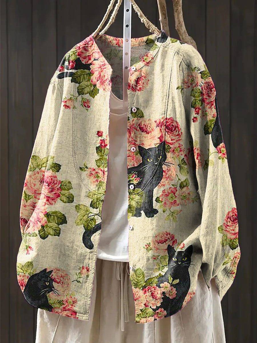 Women's Lovely Cats Floral Art Print Casual Cotton And Linen Shirt