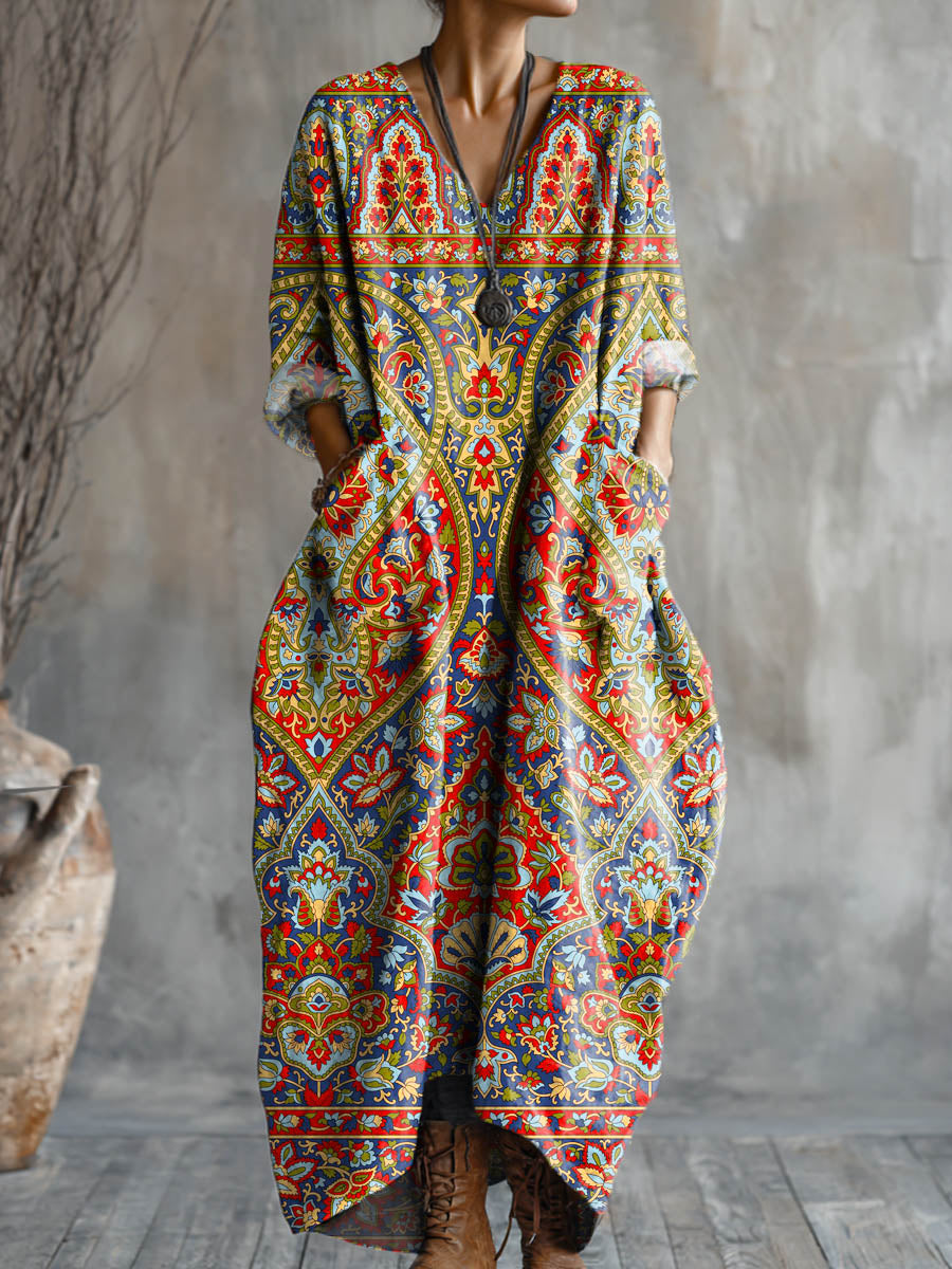 Women's Vintage Floral Art Pattern Print Pocket V-neck Cotton Dress