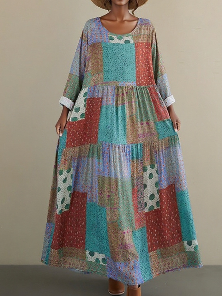 Women's Loose Plaid Polka Dot Print A-Line Dress