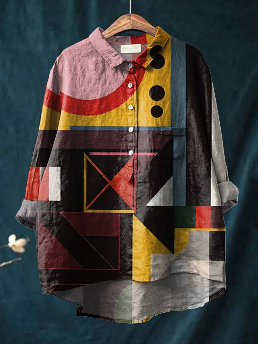 Women's Abstract Print Art Casual Cotton And Linen Shirt