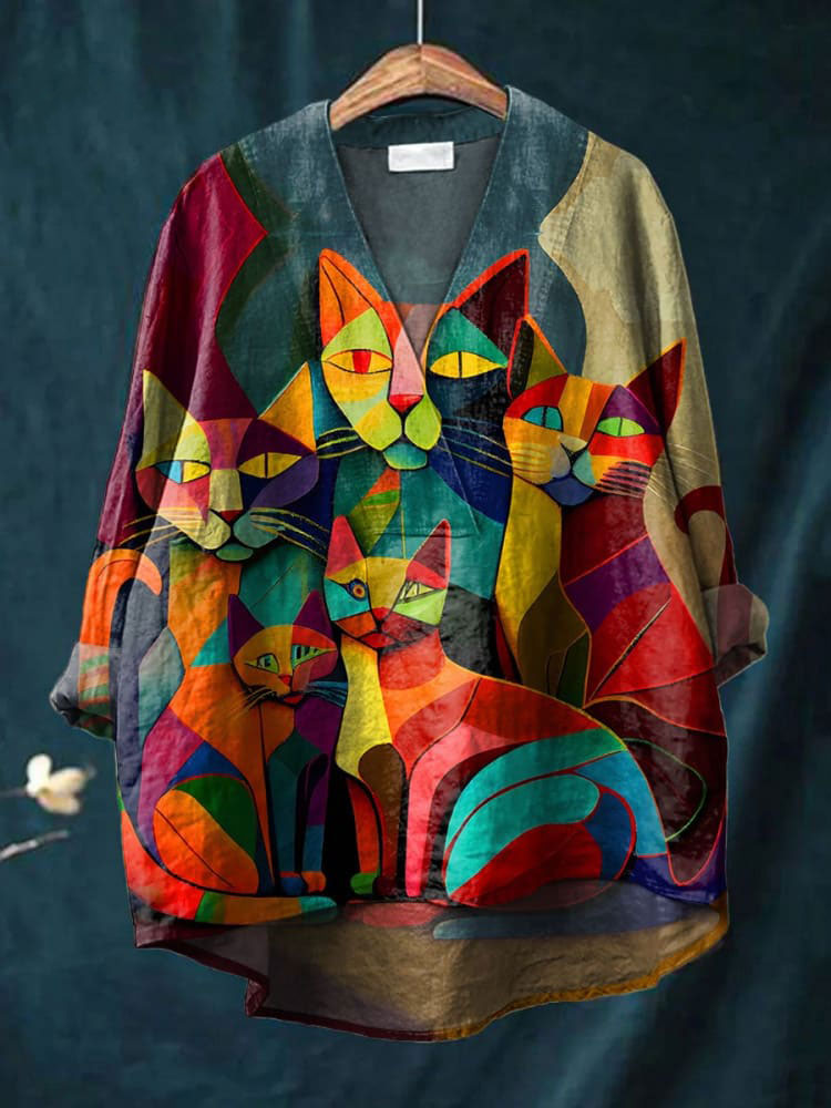 Women's Abstract Cat Art Print Casual Cotton And Linen V-neck Shirt