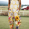 Women's Vintage Farm Bee Print Casual 100% Cotton Wide Leg Jumpsuit