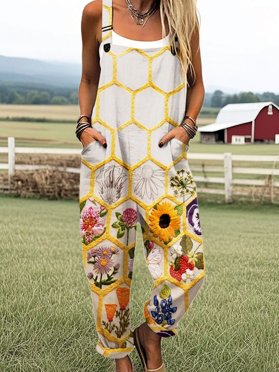 Women's Vintage Farm Bee Print Casual 100% Cotton Wide Leg Jumpsuit