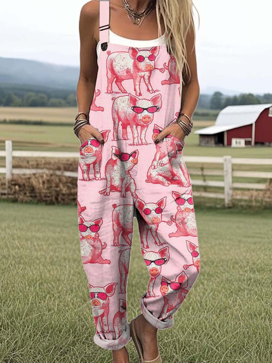 Women's Lovely Pigs Art Print Casual 100% Cotton Wide Leg Jumpsuit