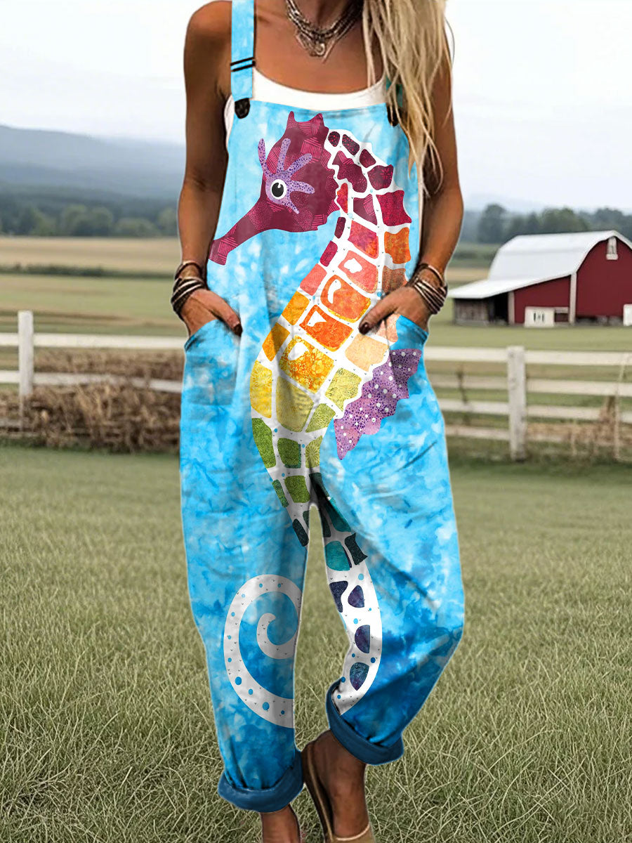 Women's Abstract Seahorse Colorful Art Print Casual 100% Cotton Wide Leg Jumpsuit