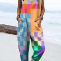 Women's Abstract Geometric Pattern Art Print Casual 100% Cotton Wide Leg Jumpsuit