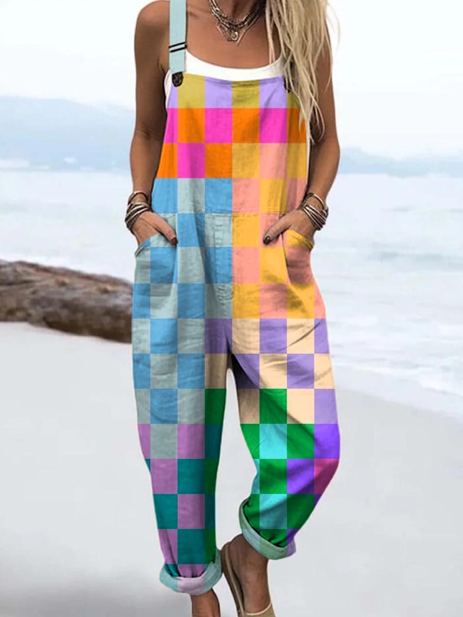 Women's Abstract Geometric Pattern Art Print Casual 100% Cotton Wide Leg Jumpsuit