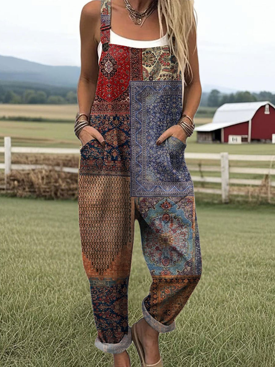 Women's  Vintage  Splicing Flower Art Print Casual 100% Cotton Wide Leg Jumpsuit