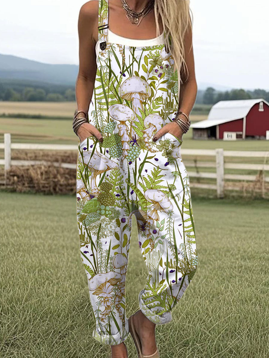 Women's  Forest Mushroom Art Print Casual 100% Cotton Wide Leg Jumpsuit