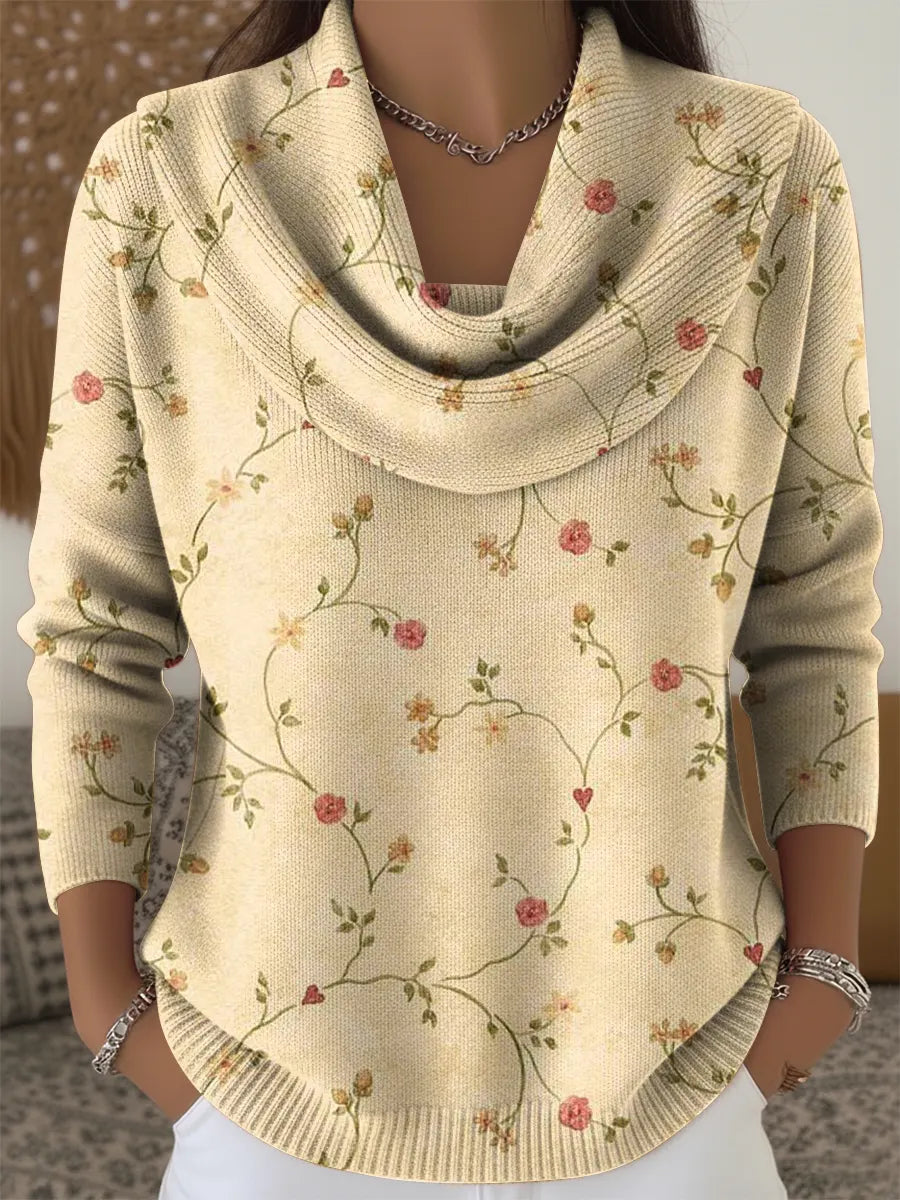 Women's Vintage Small Flowers Print Cowl Neck Sweater