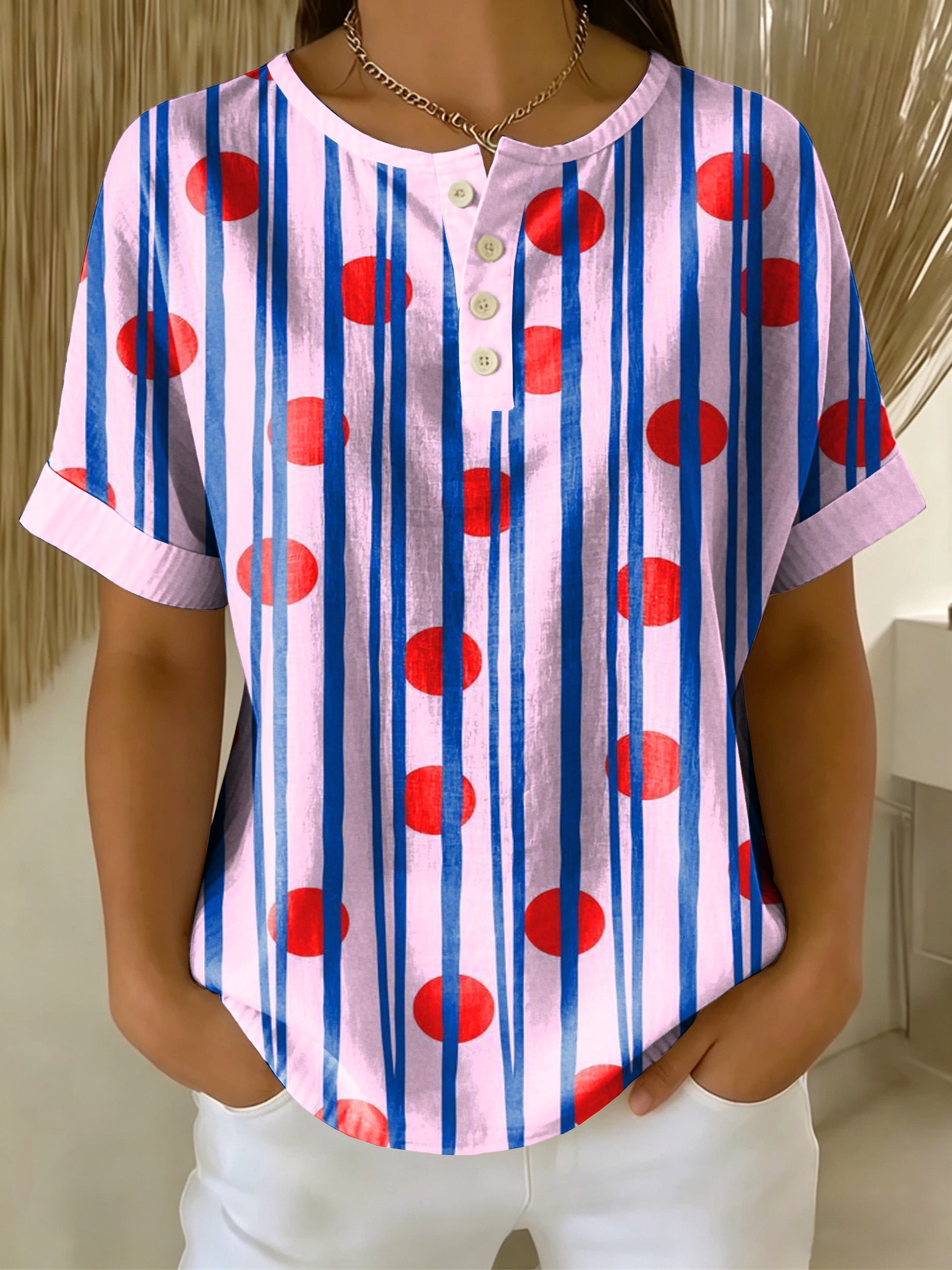 Retro Color-block Patchwork Print Loose-fit Cotton-linen Short-sleeve Shirt